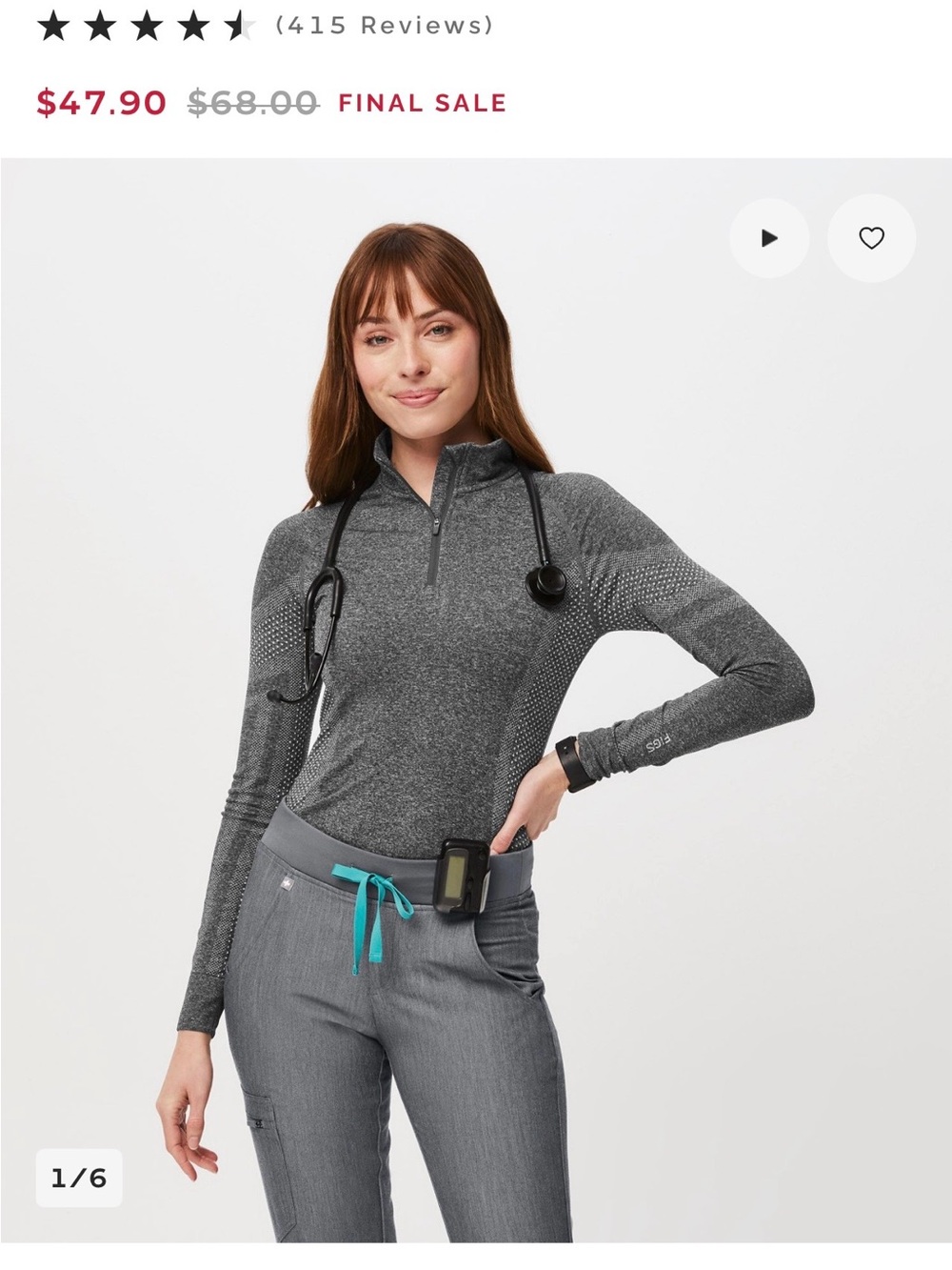 NWT FIGS Charcoal Heather Long-Sleeve Quarter-Zip Performance Top